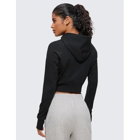 CRZ YOGA Women's Fleece Lined Zip Up Cropped Hoodie - Long Sleeve with Thumbhole - Picture 2 of 9